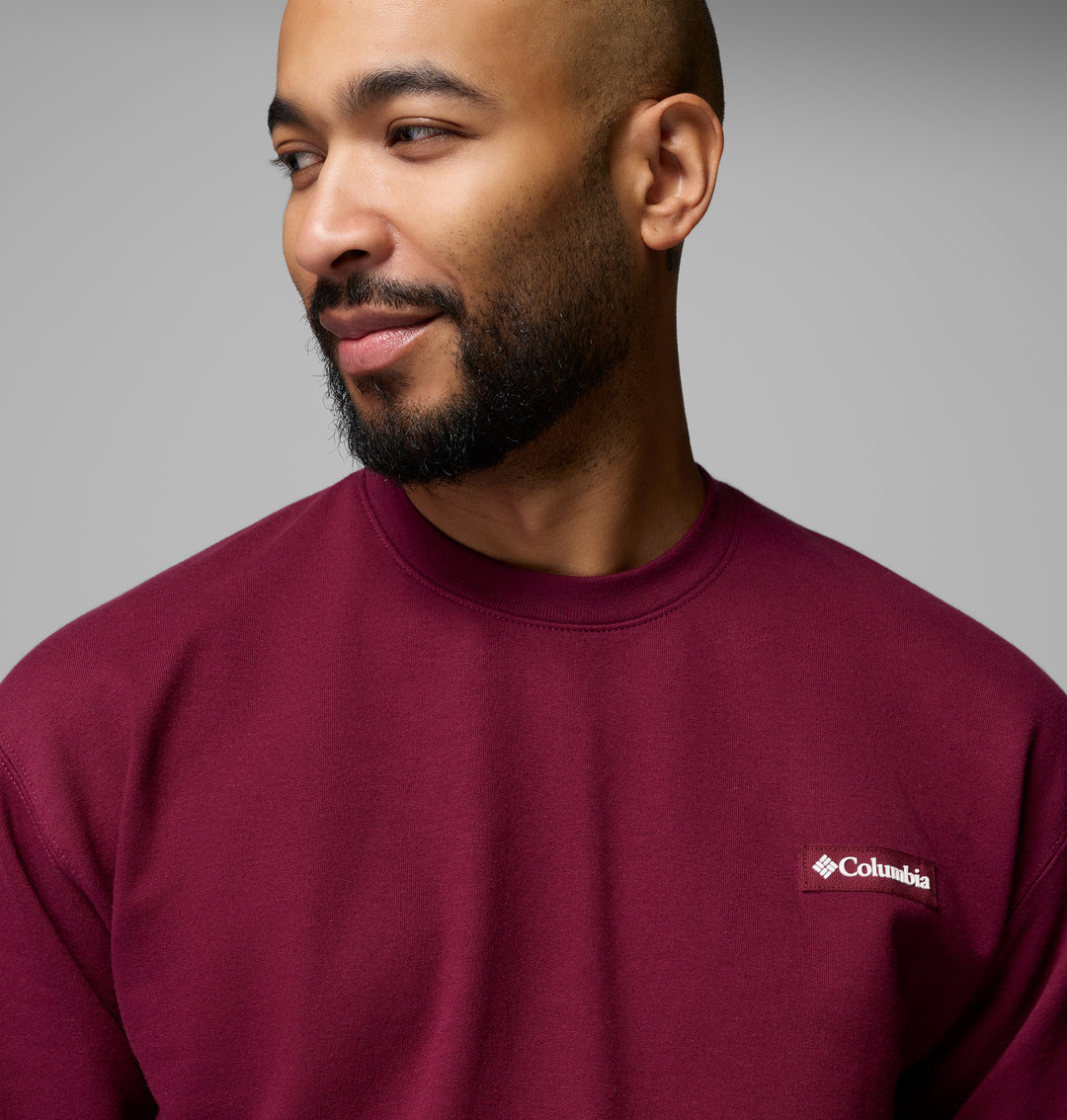 Rich wine Columbia crew sweatshirt close-up, embroidered chest logo on front