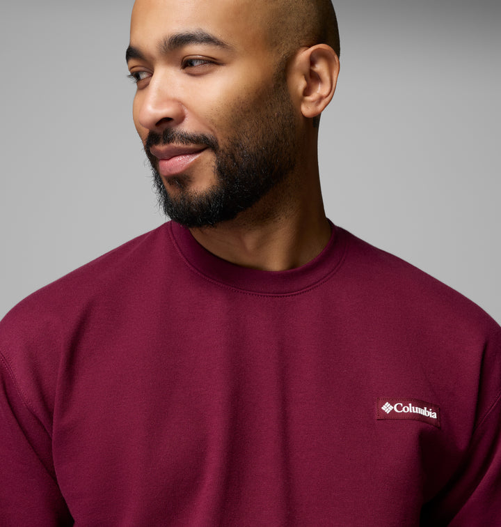 Rich wine Columbia crew sweatshirt close-up, embroidered chest logo on front