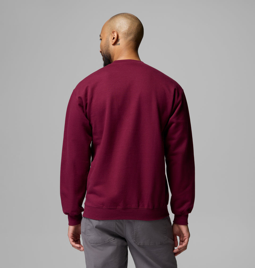 Men's Columbia crew sweatshirt in rich wine, back view with ribbed hem and cuffs