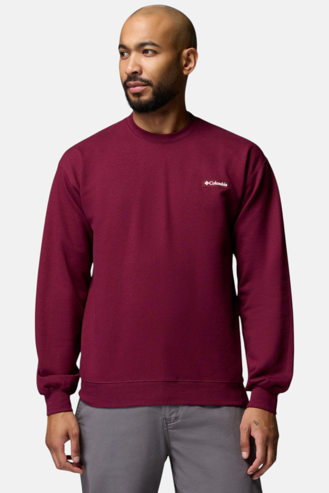 Men's Columbia crew sweatshirt in rich wine, front view with small chest logo