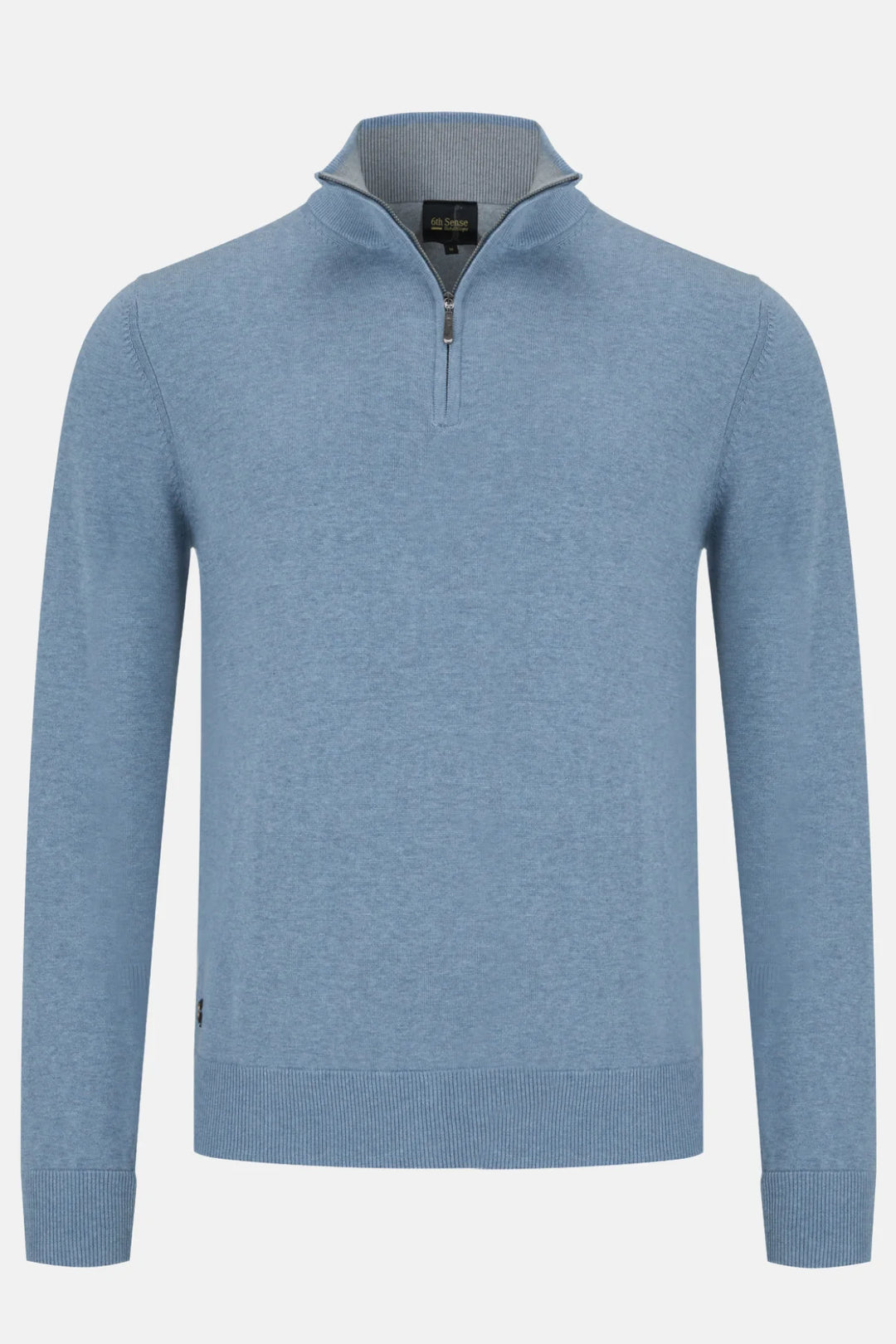 Blue sweater with a zipper on a light gray background