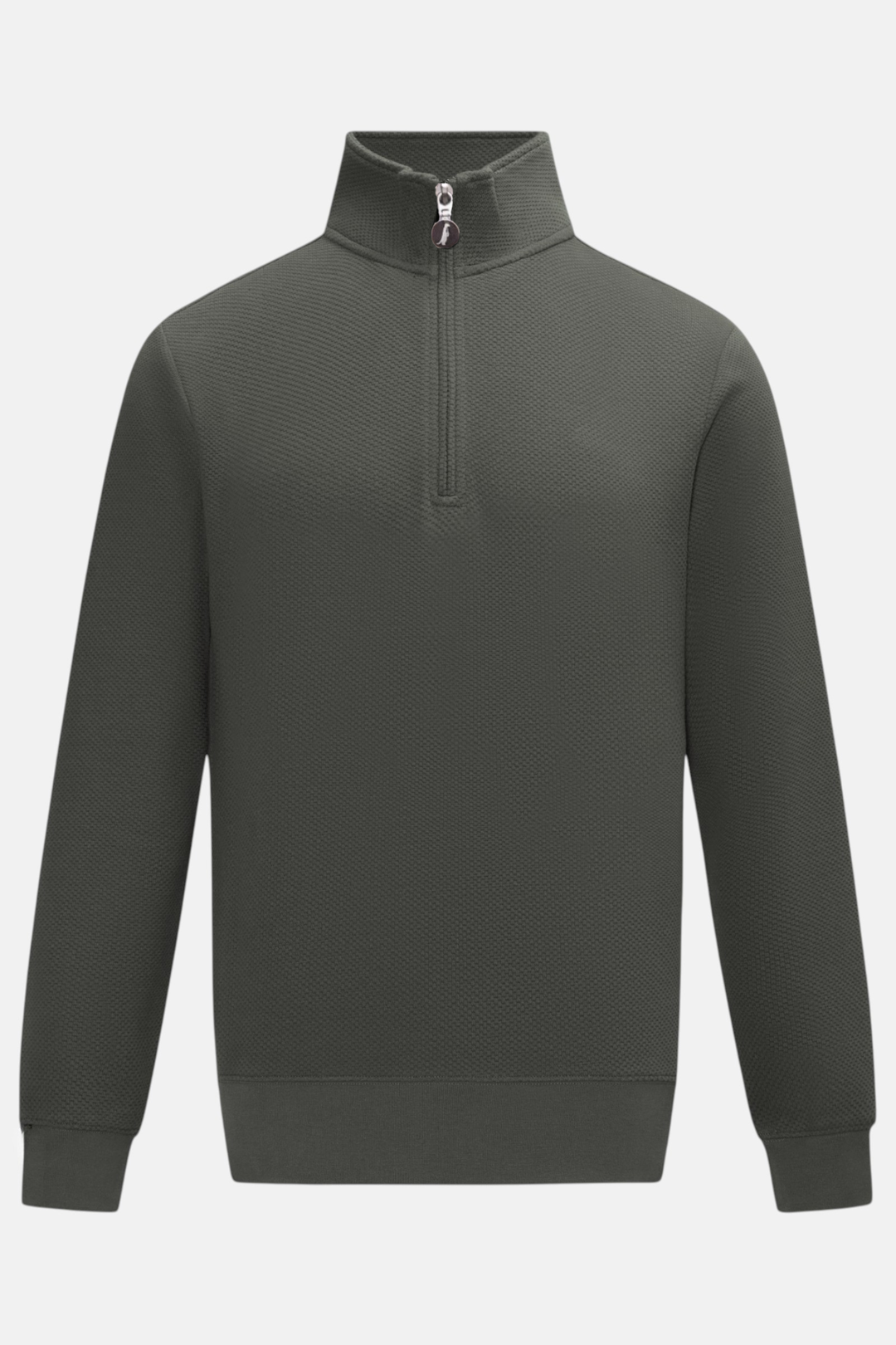 Grey 1/4-zip top with a stand collar, long sleeves, and ribbed cuffs and hem