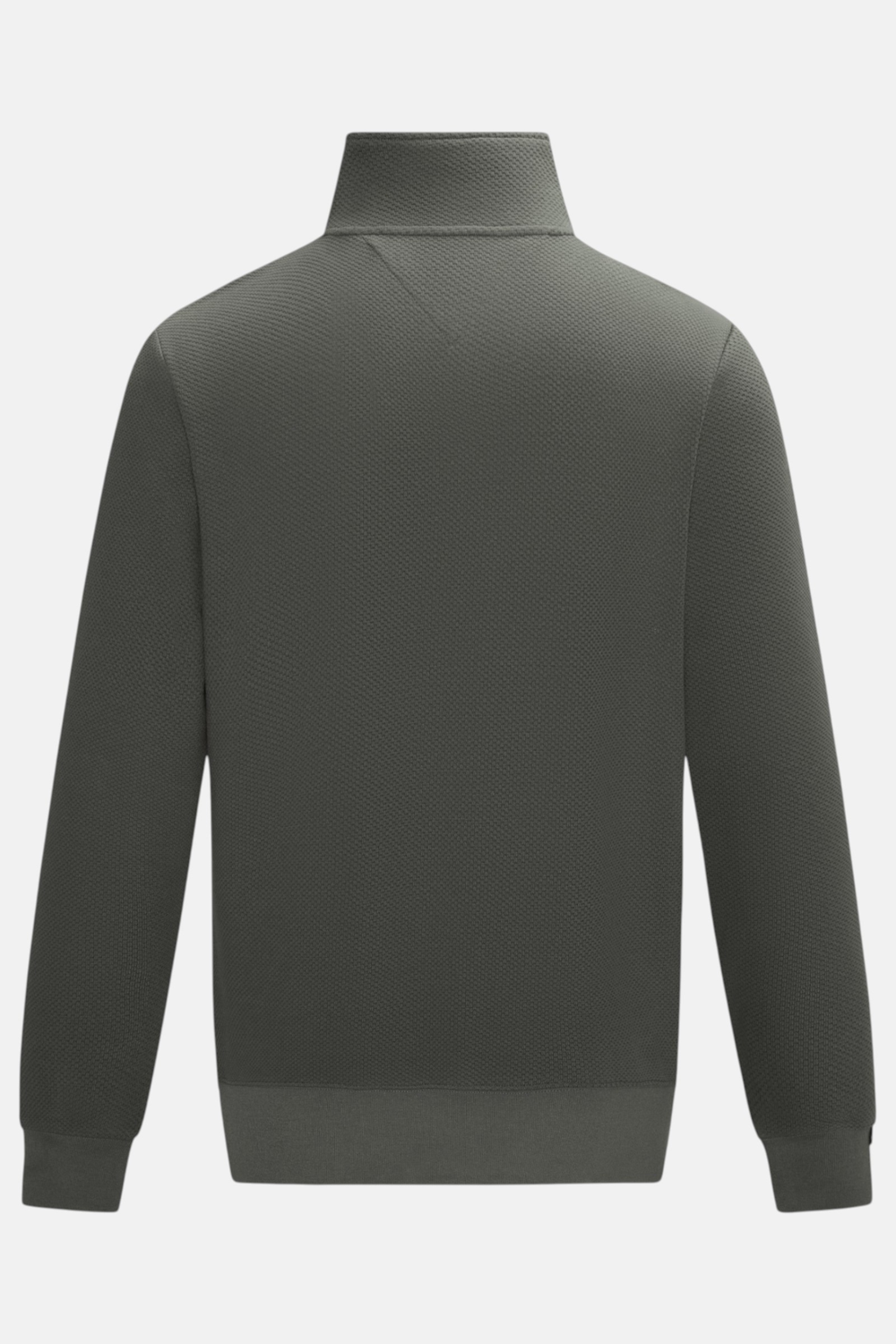 Grey 1/4-zip top, back view, with a stand collar, long sleeves, and ribbed hem