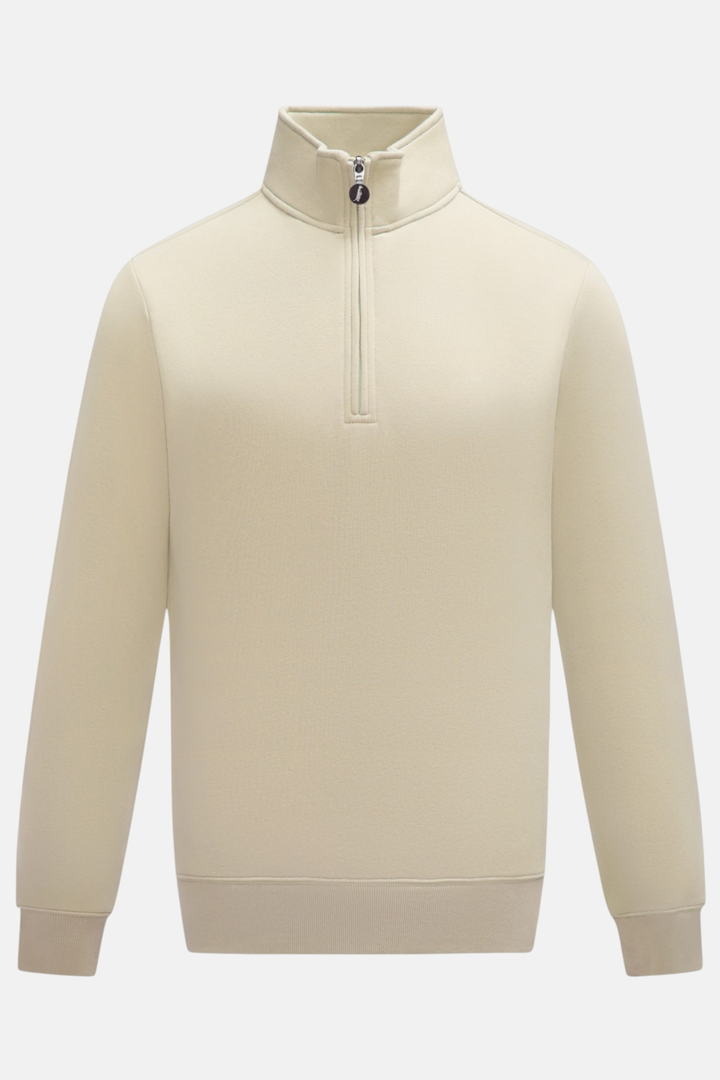 6th Sense feather quarter-zip top, front view with stand collar and long sleeves