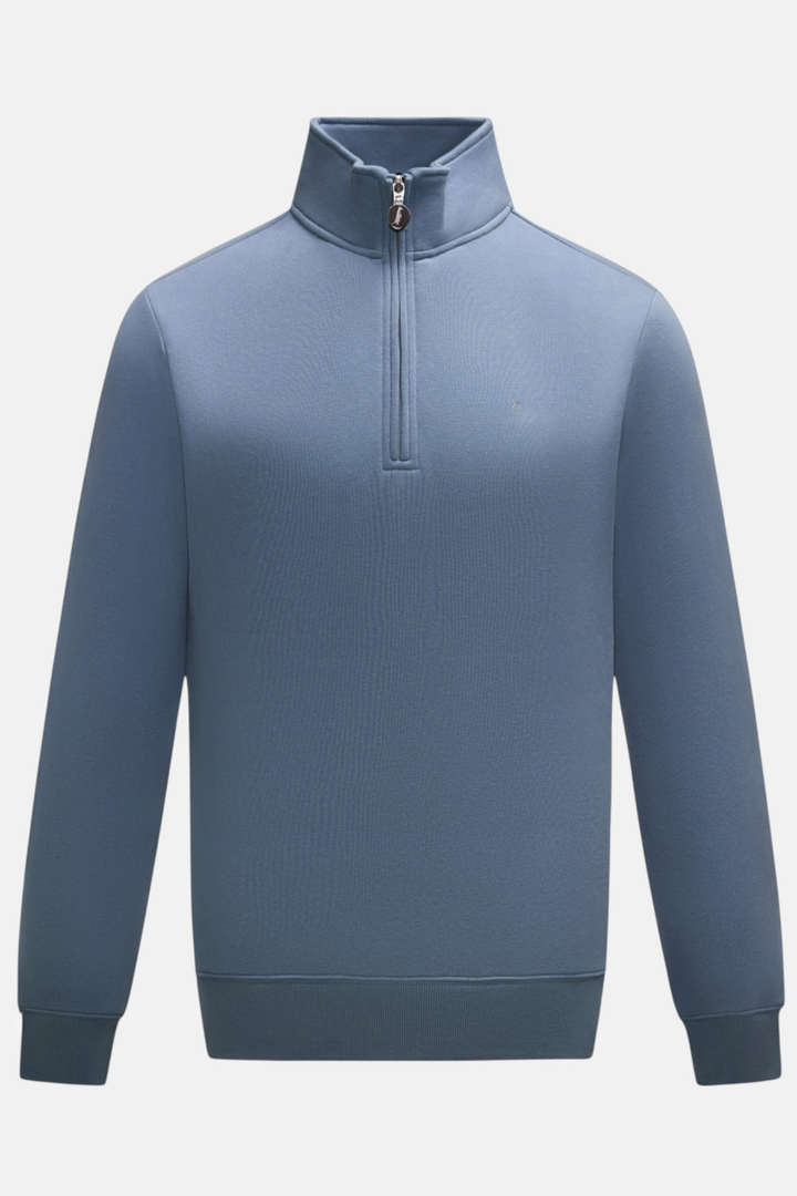 6th Sense Flint blue-gray quarter-zip top with stand collar, long sleeves, and ribbed cuffs and hem