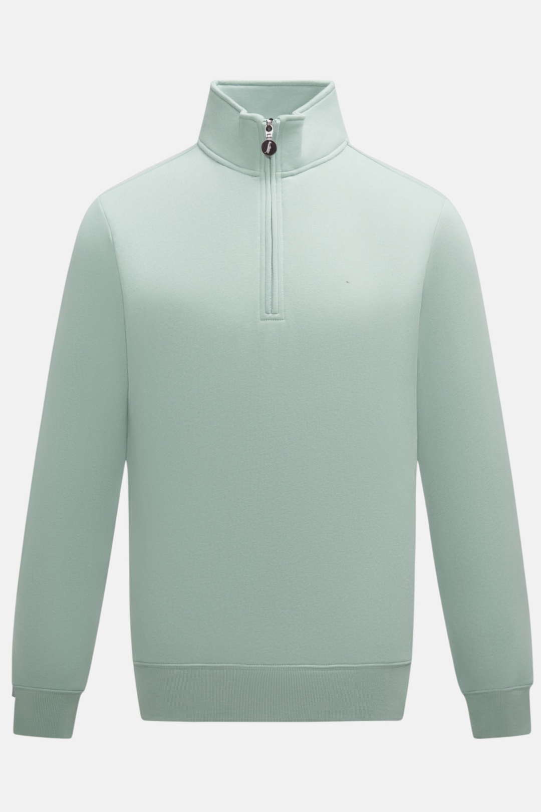 6th Sense Flux quarter-zip top in pale jade, front view with stand collar and long sleeves