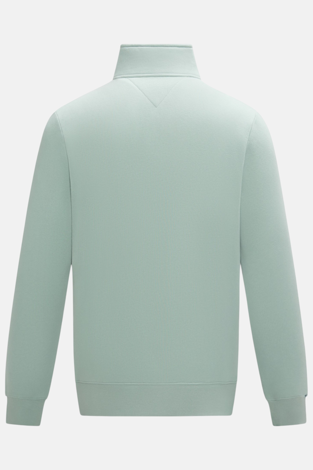 6th Sense Flux quarter-zip top in pale jade, back view with stand collar and long sleeves