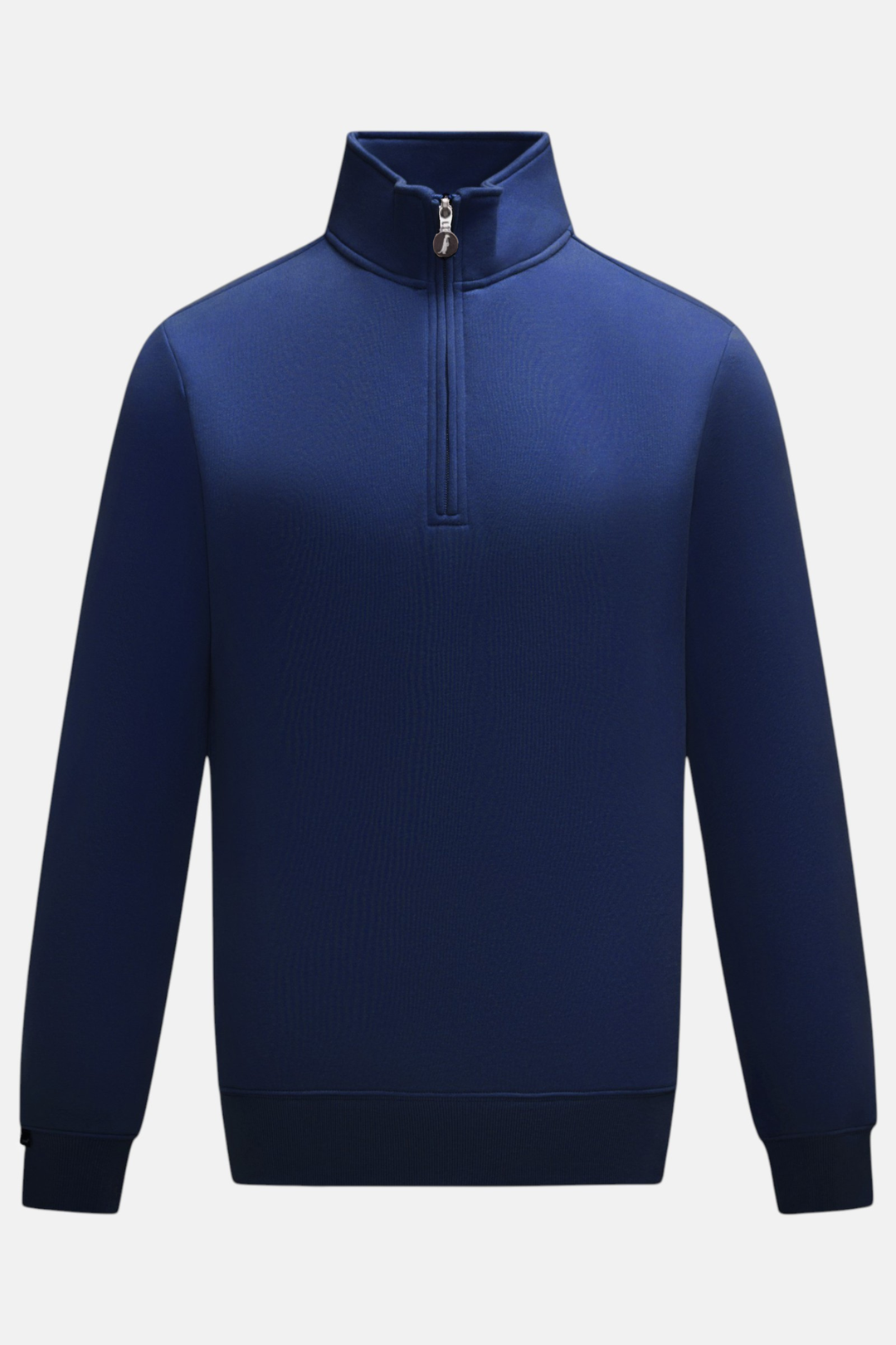 Navy 1/4-zip top with a stand collar, long sleeves, and ribbed cuffs and hem