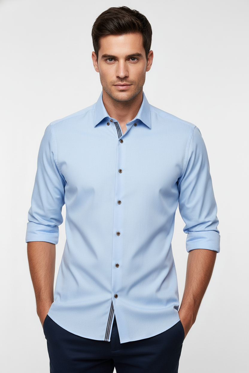 Light blue lyocell button-up shirt worn by model, long sleeves, button collar