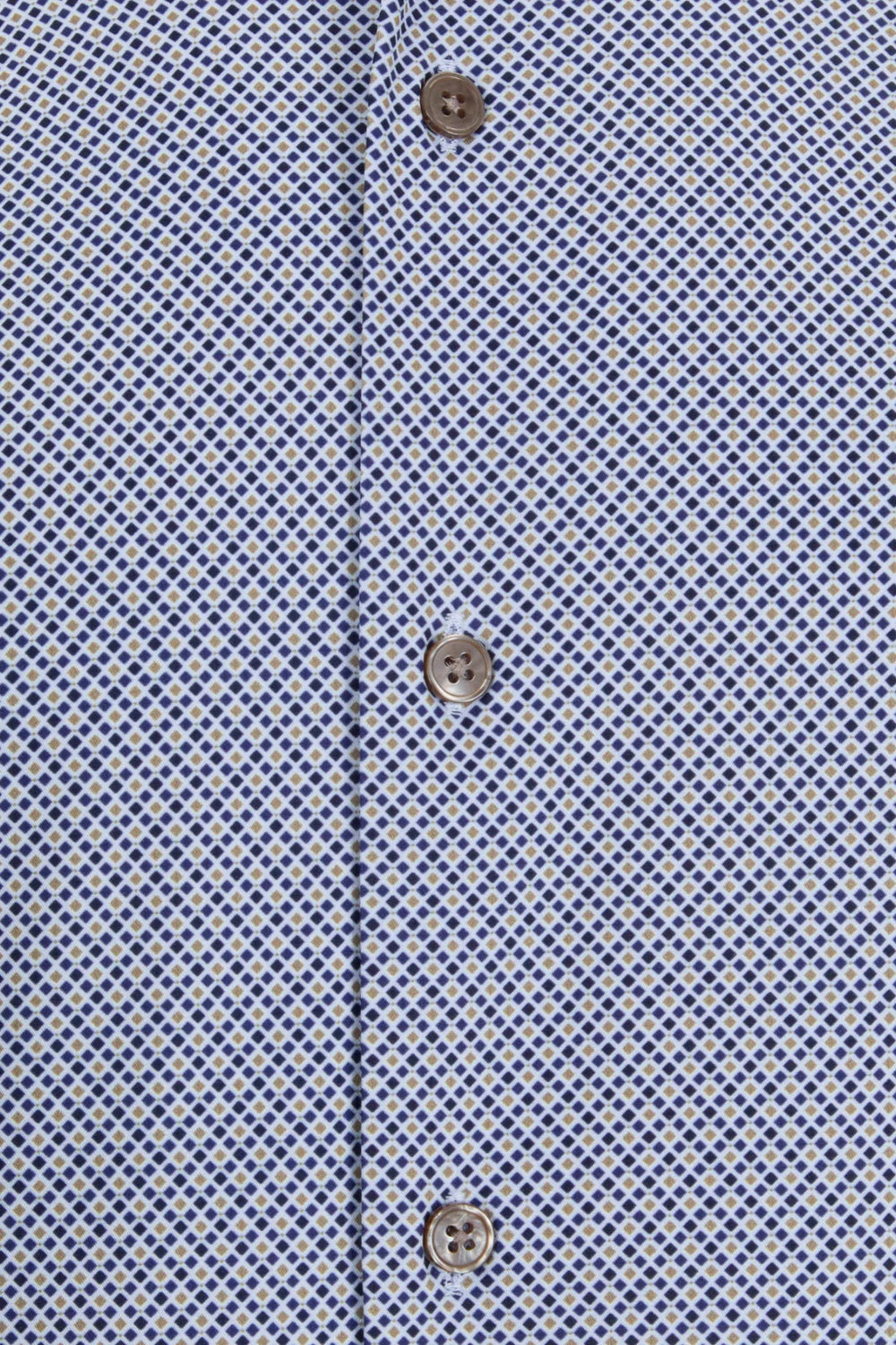 6th Sense BD performance shirt placket close-up, blue micro-pattern, buttoned front