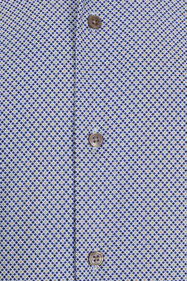 6th Sense BD performance shirt placket close-up, blue micro-pattern, buttoned front