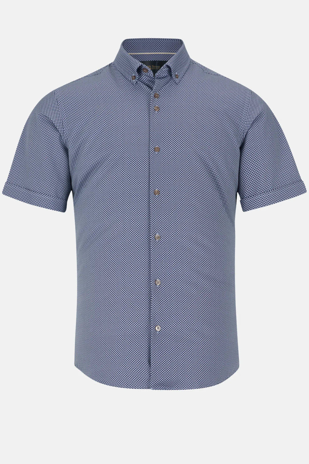 Performance short-sleeve shirt, blue textured fabric, button-up collar, short sleeves