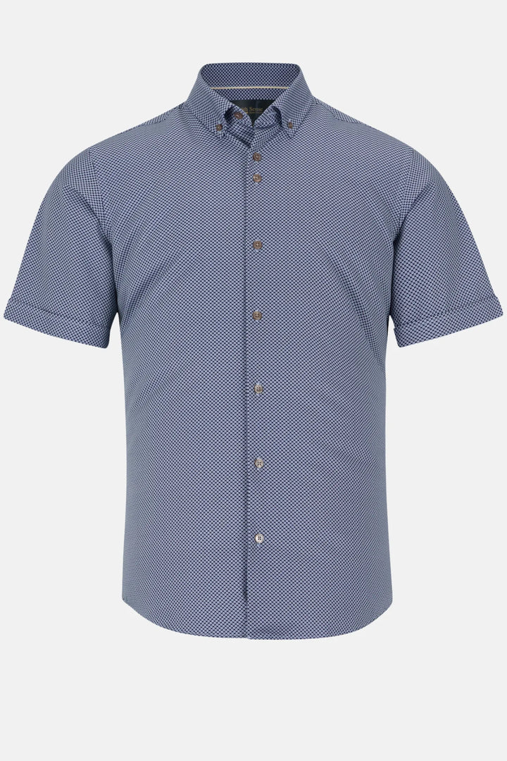 Performance short-sleeve shirt, blue textured fabric, button-up collar, short sleeves