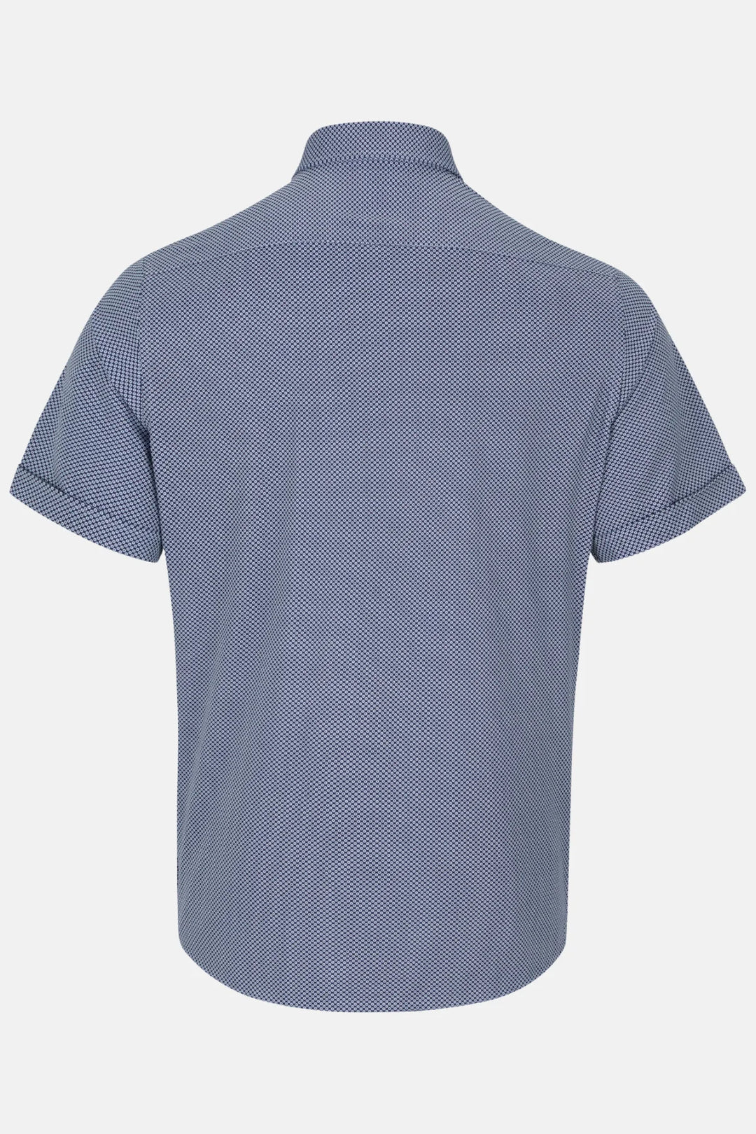 Back view of blue performance short-sleeve shirt with textured pattern