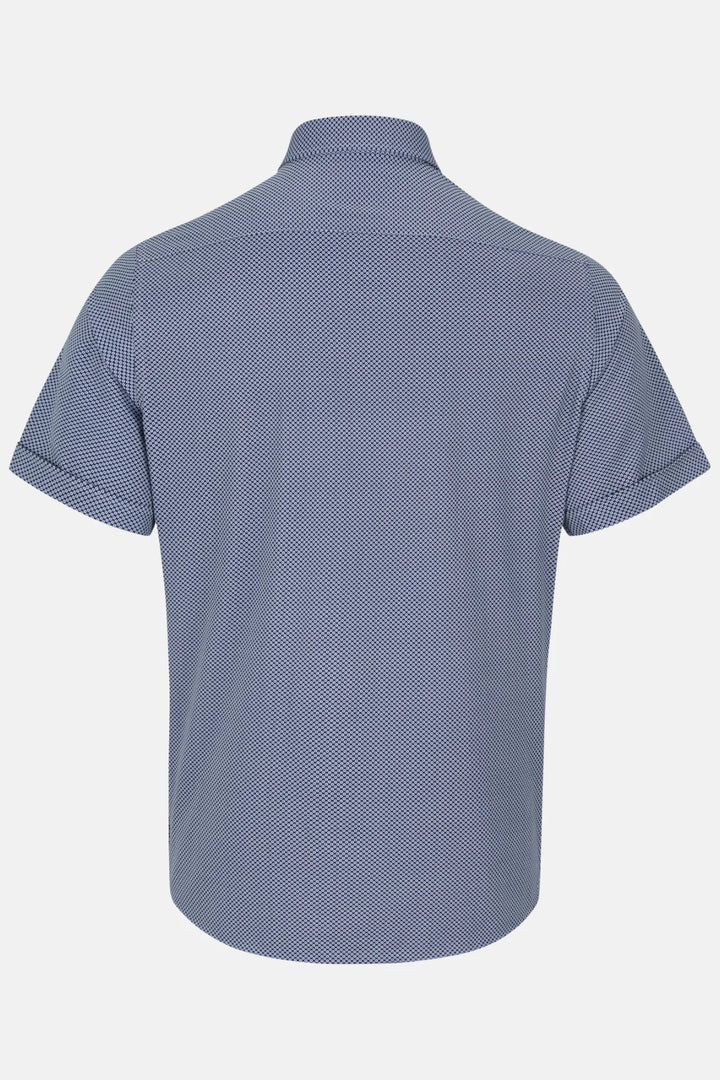 Back view of blue performance short-sleeve shirt with textured pattern