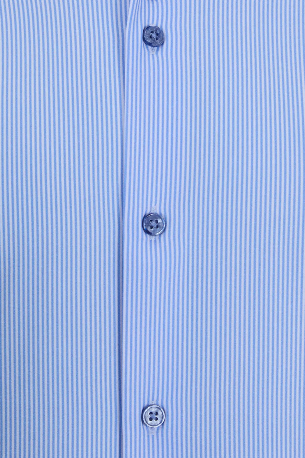 Striped performance shirt placket close-up with three blue buttons and stitched seams