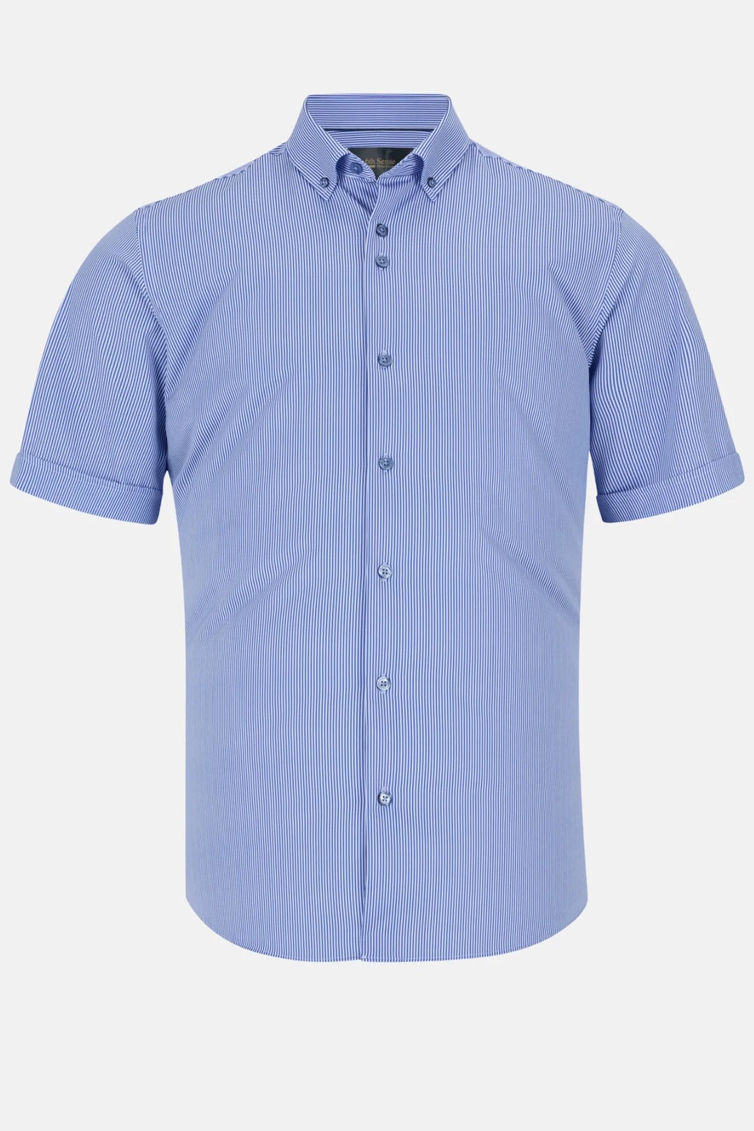 Light blue short-sleeve button-up performance shirt with spread collar