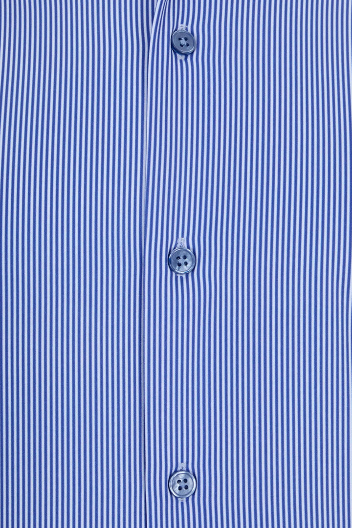 Light blue striped shirt close-up of front placket with three buttons