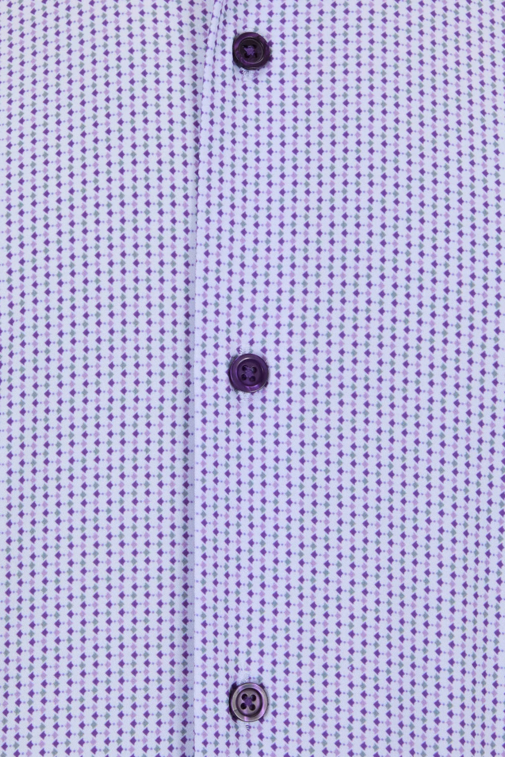 Light purple performance shirt detail: patterned fabric and dark button placket