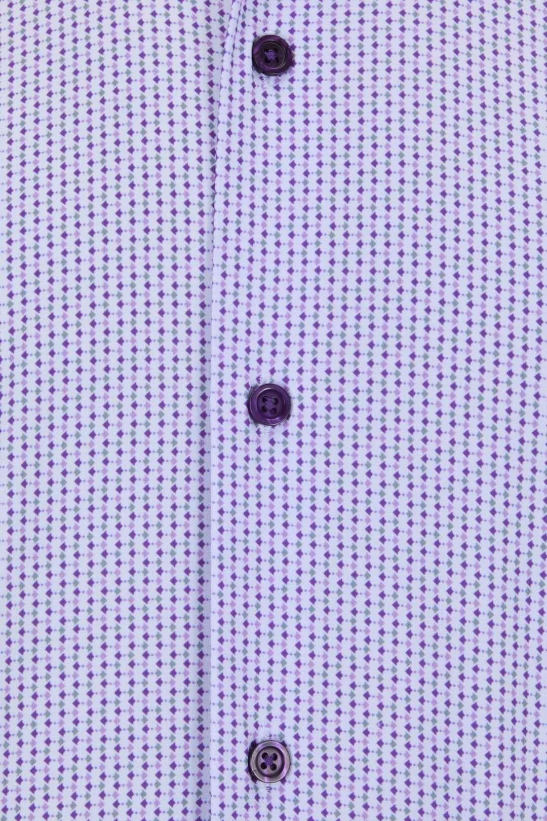 Light purple performance shirt detail: patterned fabric and dark button placket
