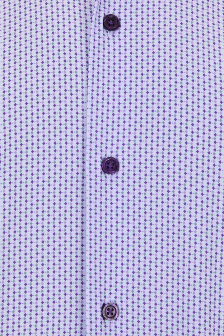 Light purple performance shirt detail: patterned fabric and dark button placket