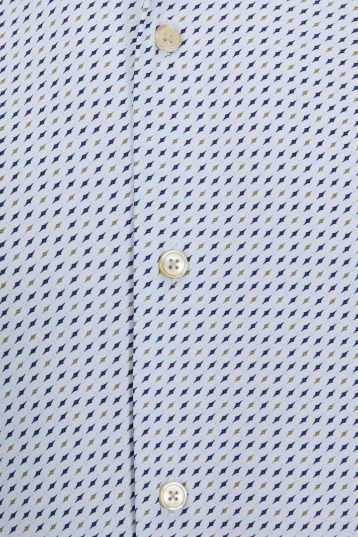 Light blue micro-pattern performance shirt close-up of buttons and placket