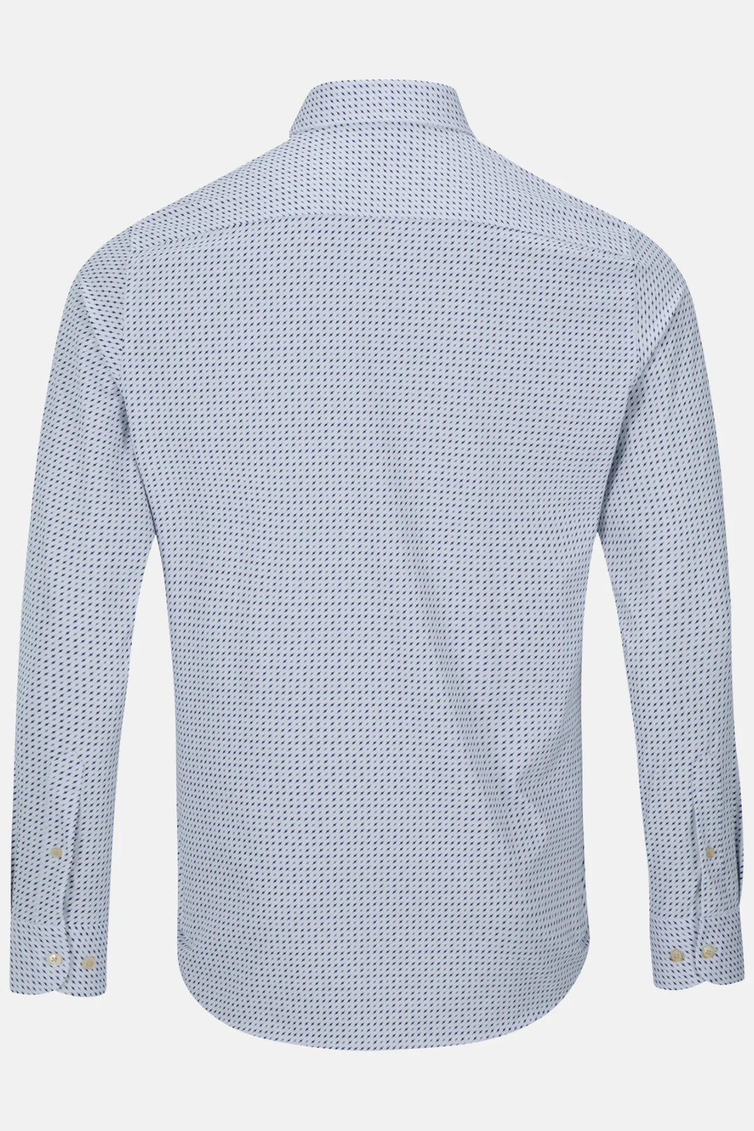 Light blue patterned performance shirt back view with stand collar