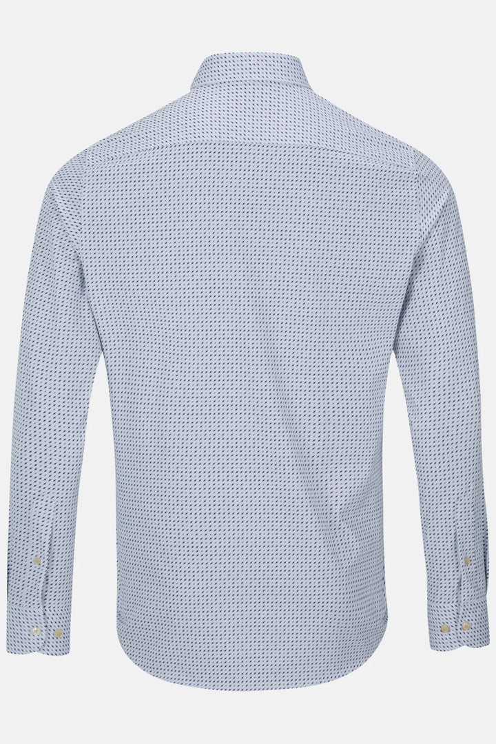 Light blue patterned performance shirt back view with stand collar