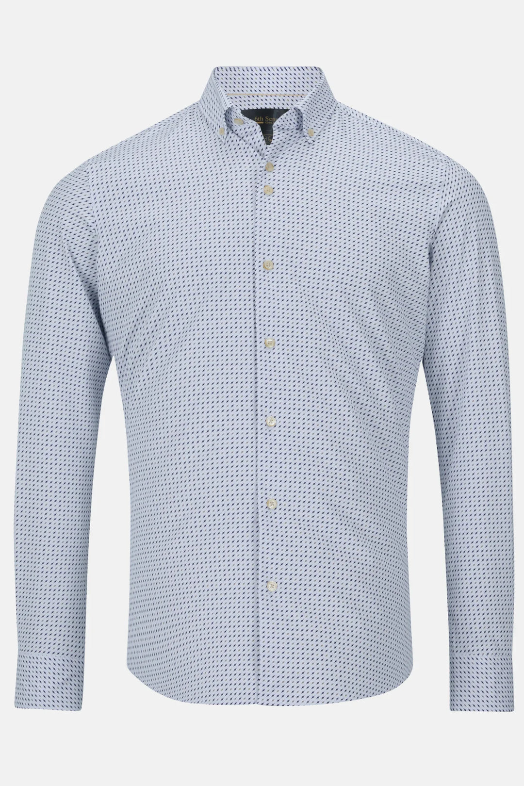Light blue patterned performance shirt with button placket and stand collar