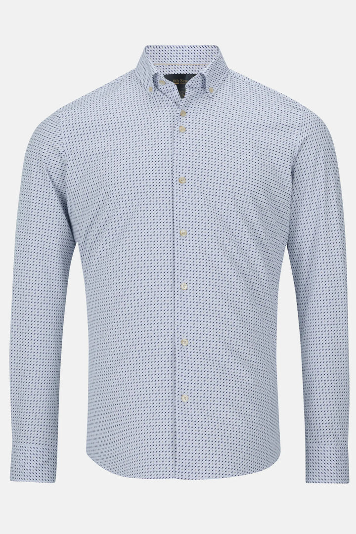 Light blue patterned performance shirt with button placket and stand collar