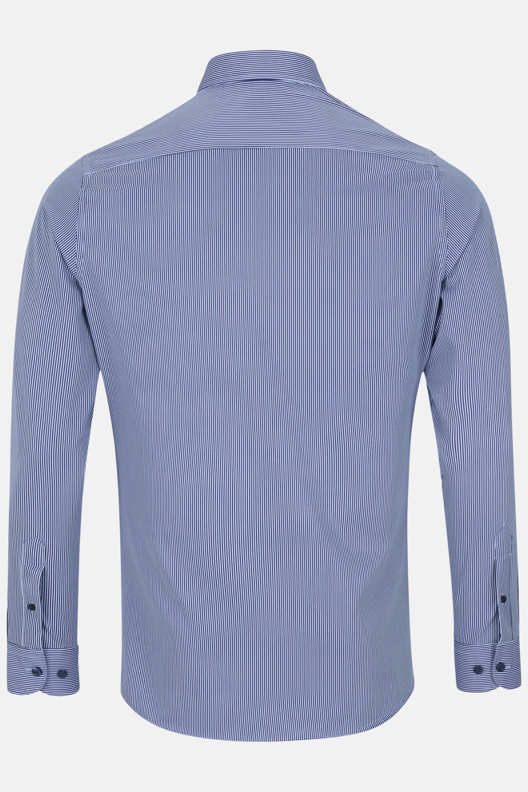 Men's light blue striped performance dress shirt back view, spread collar