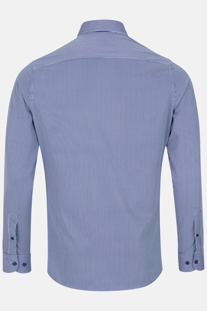 Men's light blue striped performance dress shirt back view, spread collar