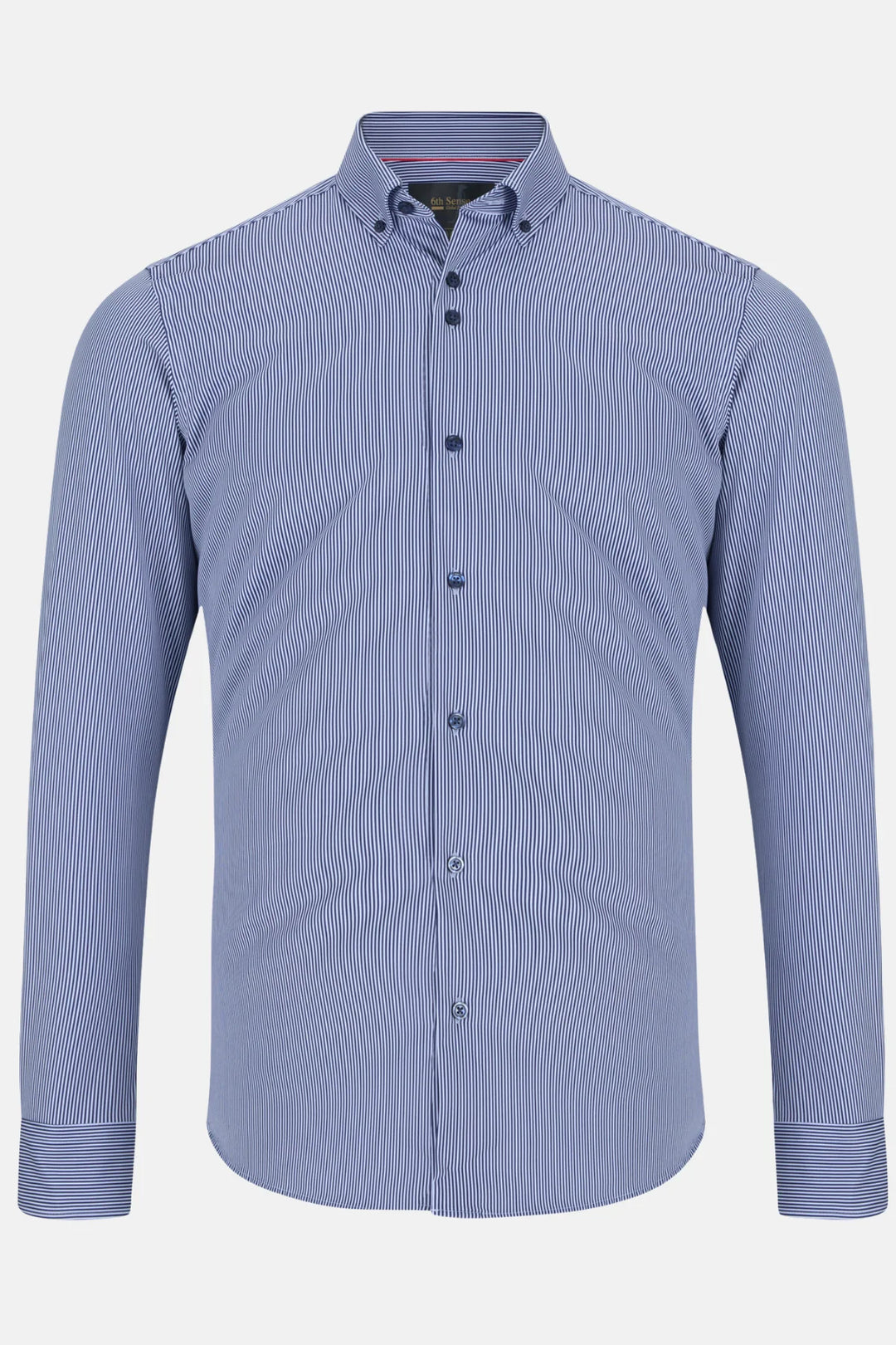 Men's light blue striped performance dress shirt, button-front and button cuffs