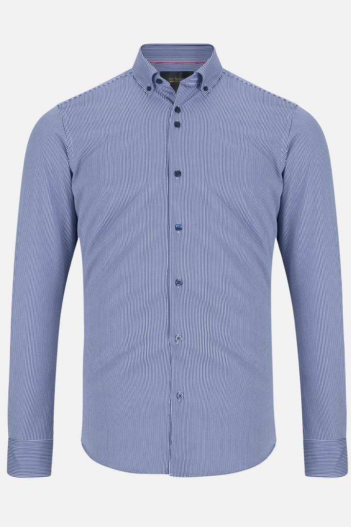 Men's light blue striped performance dress shirt, button-front and button cuffs