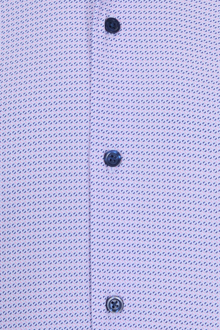 Light purple performance shirt close-up with textured dots and dark button placket