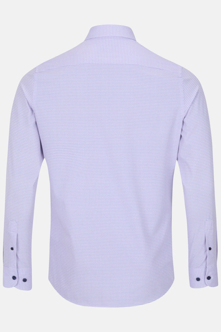 Light purple performance shirt back view with yoke seam and buttoned cuffs