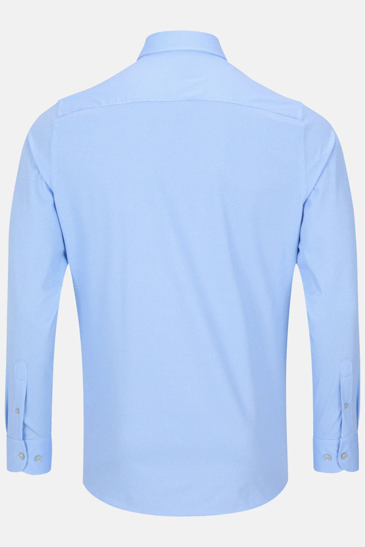 Light blue long-sleeve performance shirt, back view with yoke seam