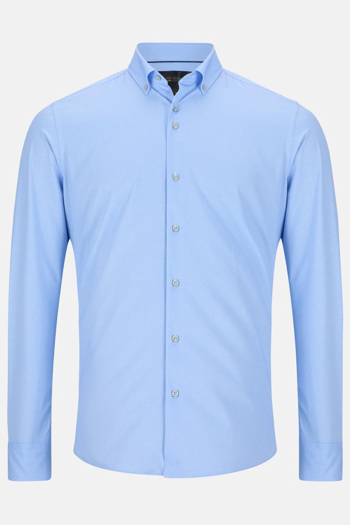 Light blue performance shirt with button-front and spread collar, long sleeves