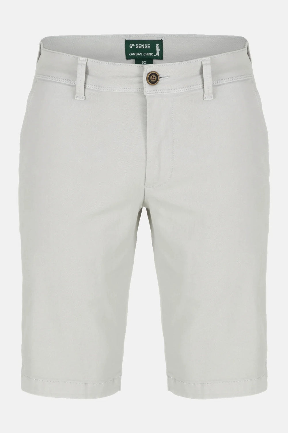 Light gray shorts with a button and belt loops on a white background