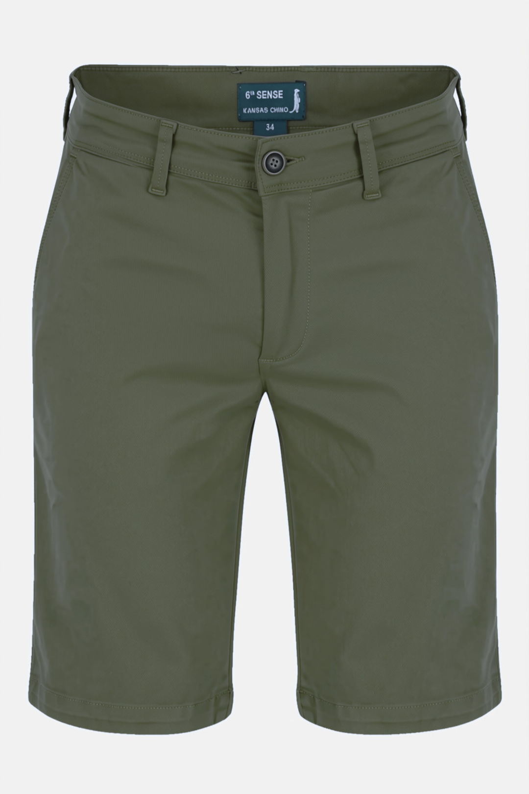 Olive chino shorts with belt loops, zip fly, button closure, and front slash pockets