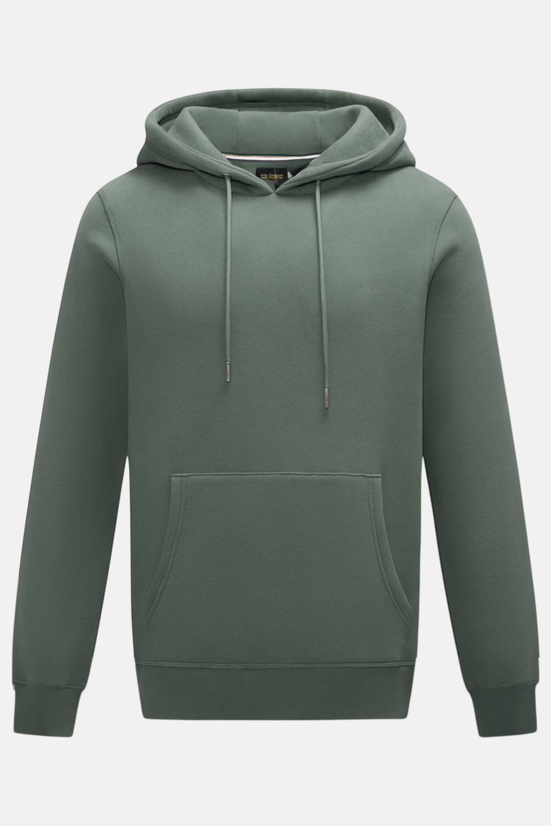 Green pullover hoodie with drawstring hood, kangaroo pocket, and ribbed cuffs and hem