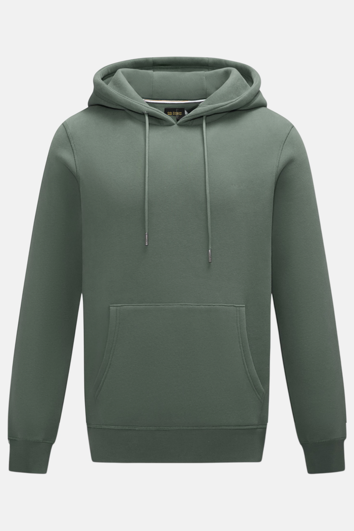 Green pullover hoodie with drawstring hood, kangaroo pocket, and ribbed cuffs and hem