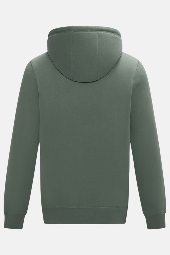 Back view of the green pullover hoodie with a panelled hood and ribbed hem