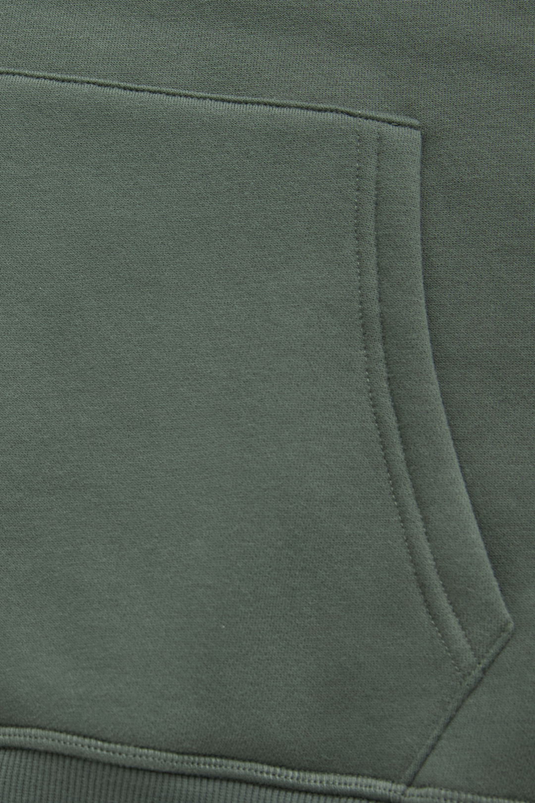 Green hoodie close-up of the kangaroo pocket and stitched edges