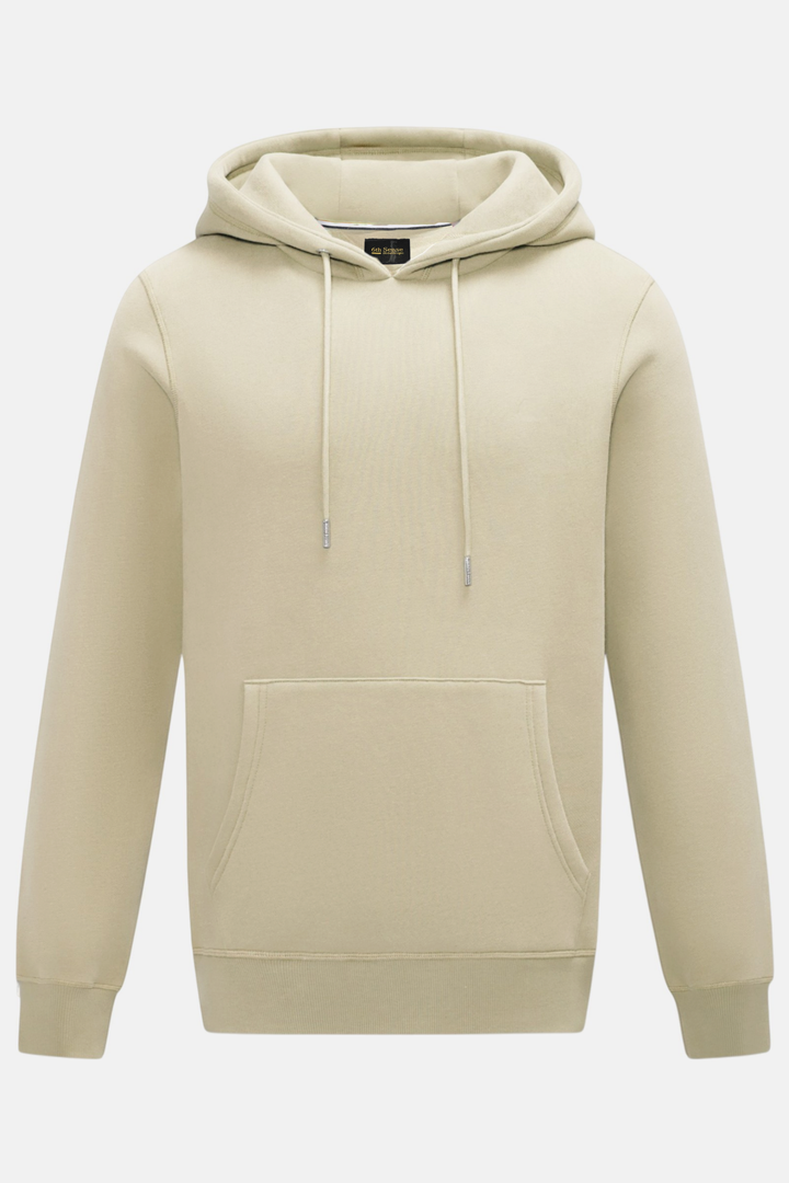 Feather-colored hoodie with drawstring hood, front pouch pocket, and ribbed cuffs and hem