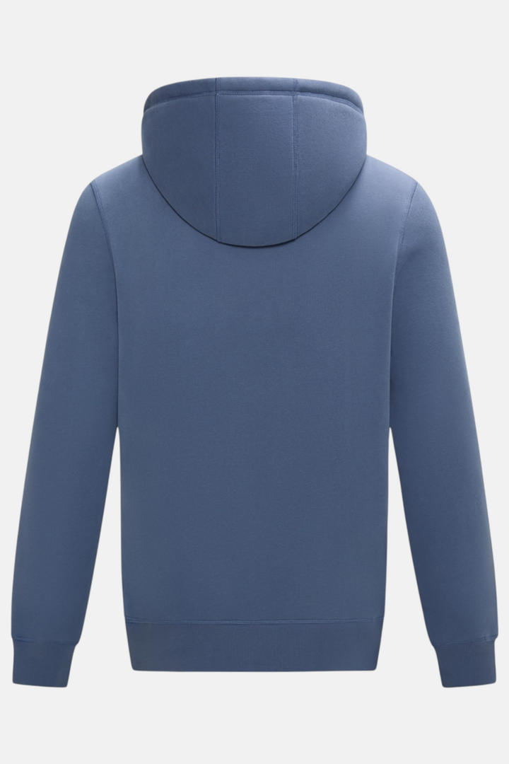 6th Sense blue pullover hoodie, back view with hood and ribbed cuffs and hem