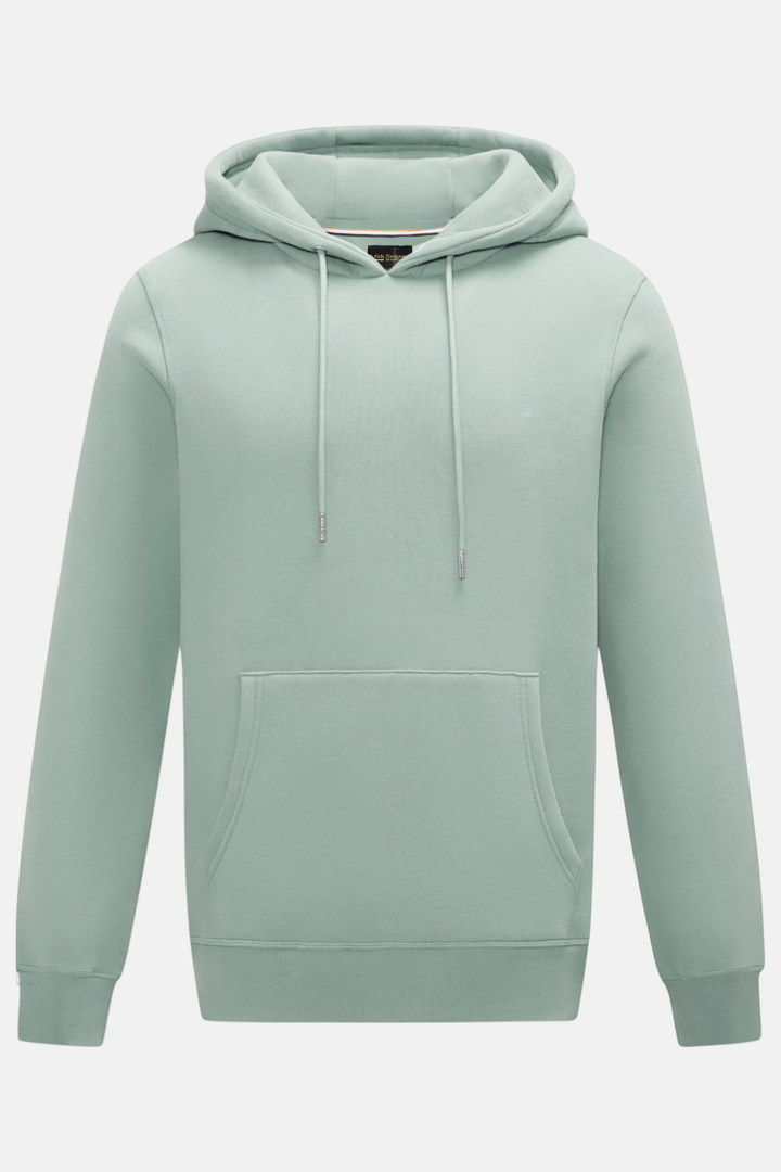 Jade hoodie with drawstrings, a kangaroo pocket, ribbed cuffs and hem