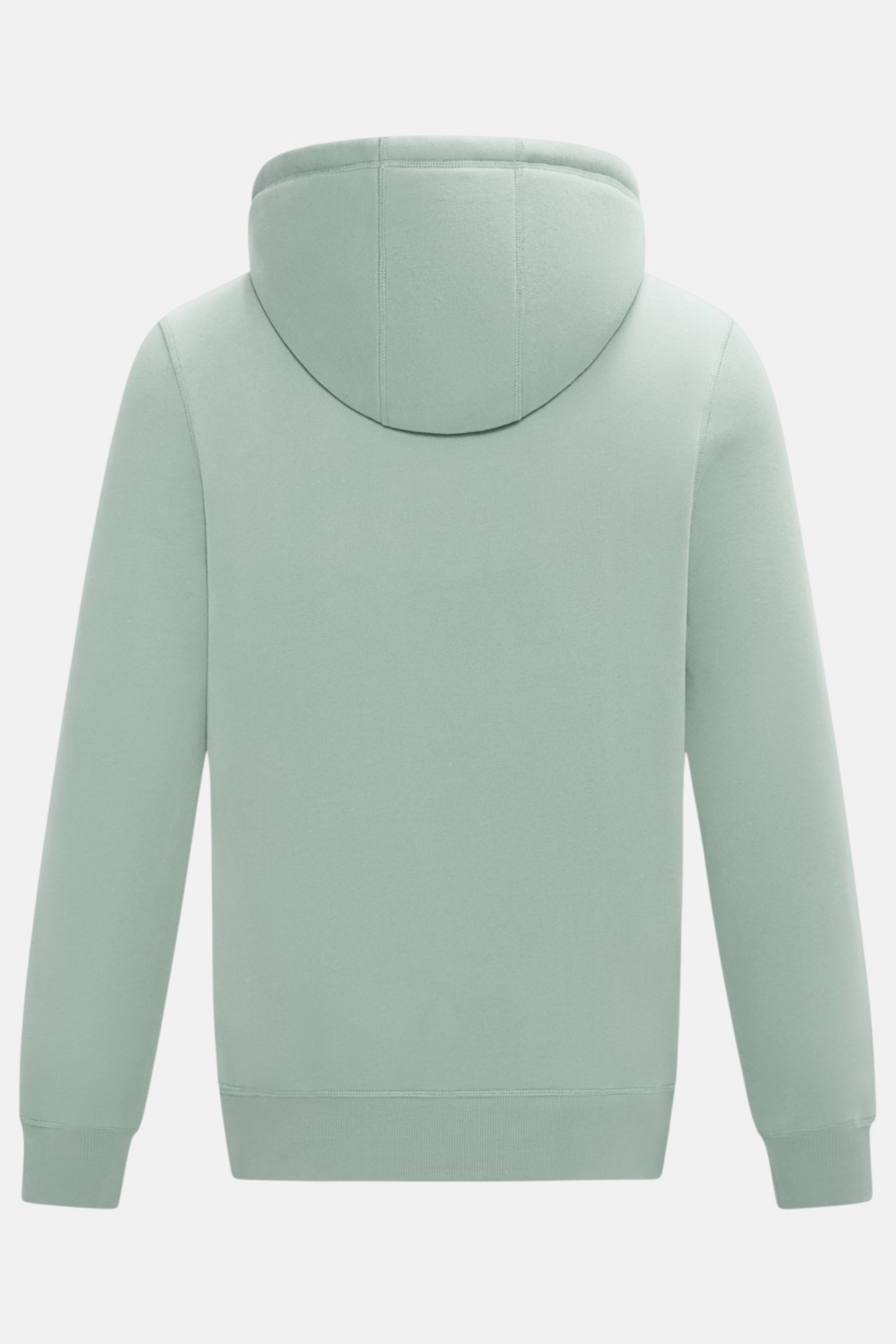 Back view of the jade hoodie with hood, ribbed cuffs and hem