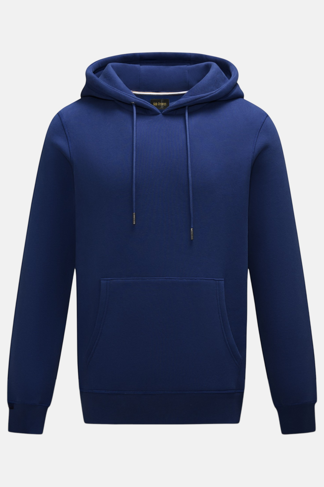 Navy pullover hoodie with drawstrings, front pouch pocket, and ribbed cuffs and hem