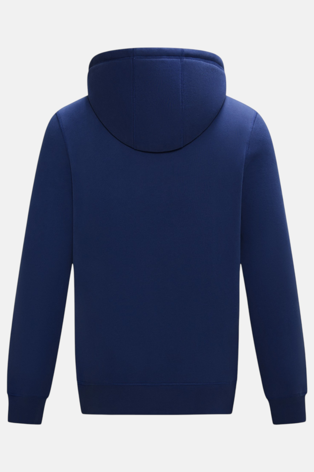 Back view of the navy pullover hoodie with hood and ribbed cuffs and hem